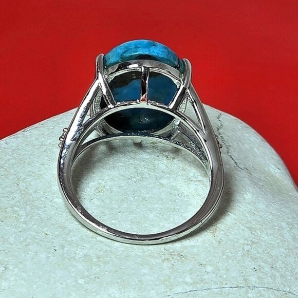 925 Sterling Silver Ring SZ 7 with Natural 12x15mm Turquoise Gemstone & CZ - Picture 10 of 12